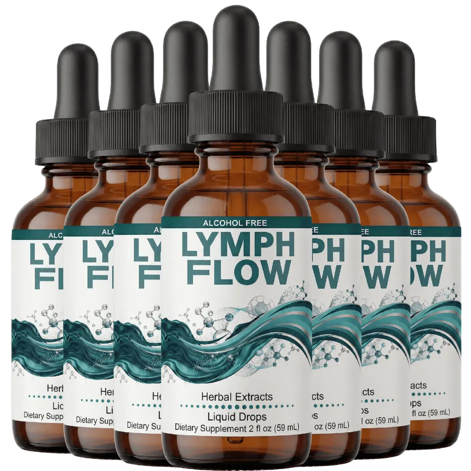 A lineup of LymphFlow alcohol-free herbal lymphatic drop bottles