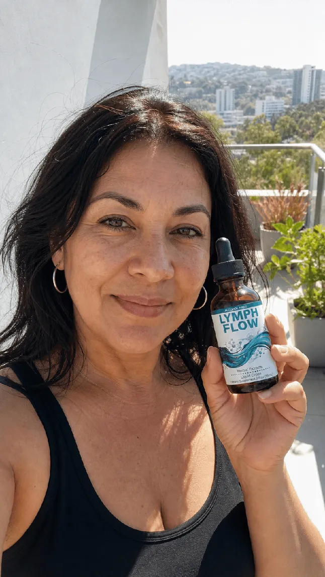 Woman on a sunny balcony holding a LymphFlow bottle