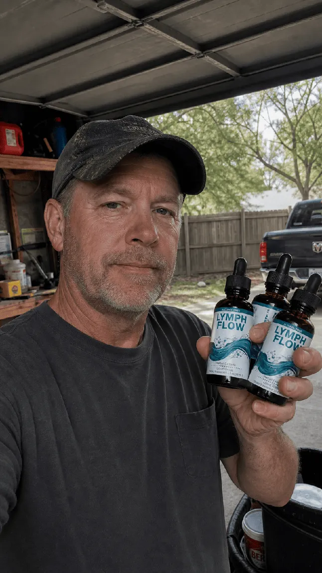 Man holding two LymphFlow bottles outside his garage