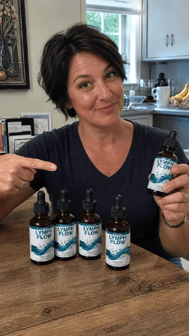 Woman in her kitchen pointing at a row of LymphFlow bottles