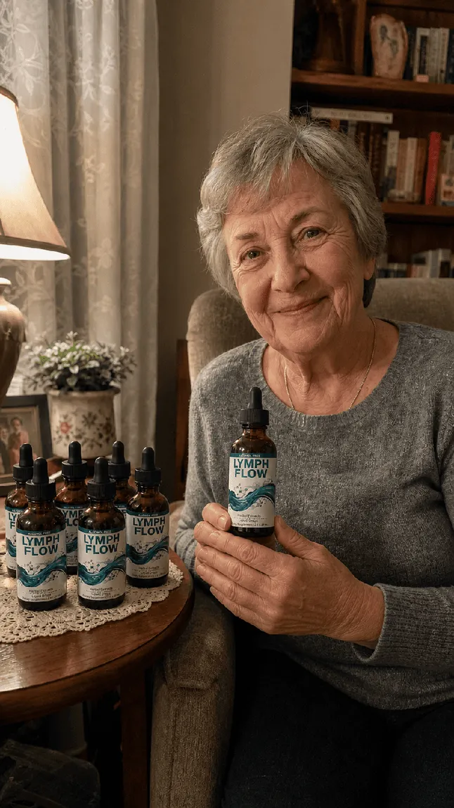 Older woman relaxing in an armchair holding a LymphFlow bottle