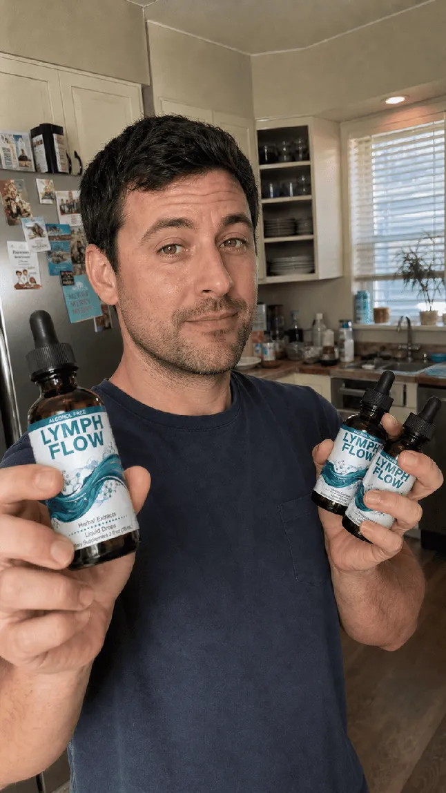Man in a kitchen holding three LymphFlow bottles