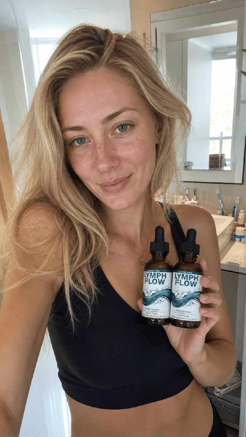 Blonde woman holding two LymphFlow bottles